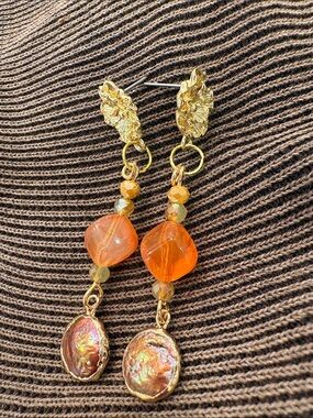 Gold-Tone Orange Beaded Dangle Earrings with Iridescent Shell Drops-NWT